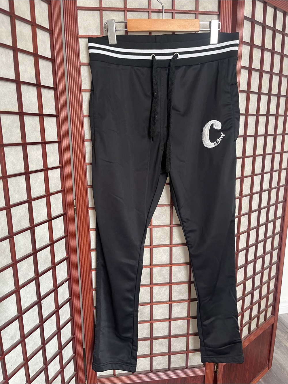 Control Black Track Pants with White Waist Stripes